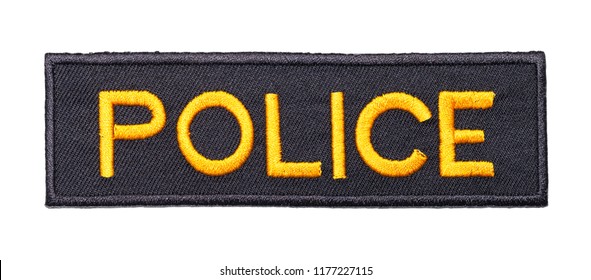 Yellow And Black Fabric Police Patch Isolated On White.