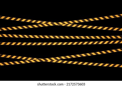 Yellow and black lines of barrier cross tape prohibit passage, tape on black isolate background. Barrier that prohibits traffic. Danger unsafe area warning tape do not enter. Concept no entry