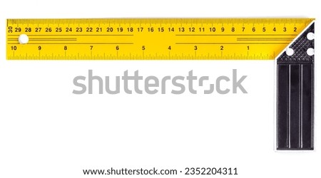 Yellow and black Metal construction square triangle ruler isolated on white background