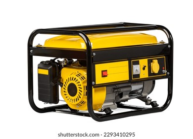 Yellow and black portable electric gas generator isolated on white for backup energy. High quality photo