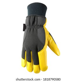 Yellow Black Safety Work Gloves Isolated On White Background. Winter Mechanic Work Glove With Impact Protection. Weather Resistant Personal Protective Equipment. Cold Weather Tools & Home Improvement