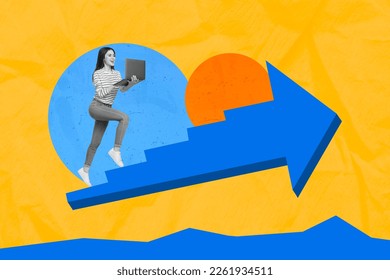 Yellow blue colors photo collage artwork picture of hardworking persistent worker move ahead career ladder isolated on painting background