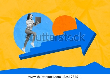 Yellow blue colors photo collage artwork picture of hardworking persistent worker move ahead career ladder isolated on painting background