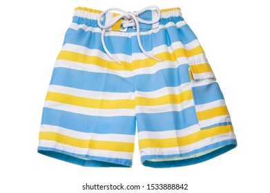 Yellow And Blue Striped Swim Trunks On White Background