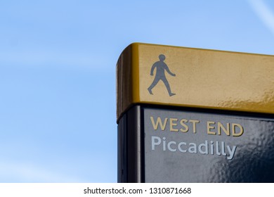 Yellow And Blue West End Piccadilly Sign On Clear Sky. Place For Text