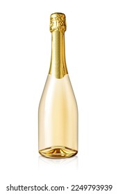Yellow bottle of champagne isolated on white background with clipping path