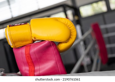 Yellow Boxing Gloves In Gym Fitness. 