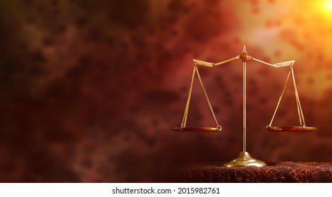 Yellow Brass Balance Scale over Red Dark Blur Background. Justice is for Fairness. If unclear Future like this, it means injustice, unbalance and unfairness in Society. Copy space Concept - Shutterstock ID 2015982761