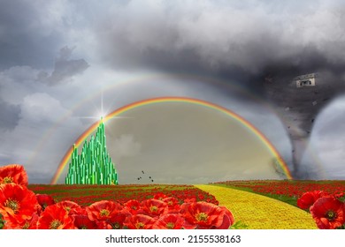 Yellow brick road to the Emerald City with a tornado and a rainbow
