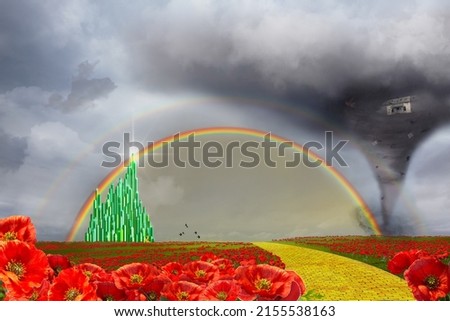 Yellow brick road to the Emerald City with a tornado and a rainbow