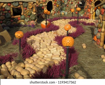 Yellow Brick Road In The Oz Country Made From Pumpkins And Flowers. Autumn Farm Decorations, Background For Halloween, Harvest Festival