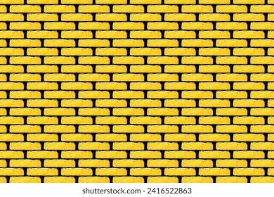 Yellow brick texture. Even blocks pattern. Brick wall. Outdoor sunny texture. Walkway background. Brick pattern. Closeup construction. Black lines fugue. Retro rectangle stone.