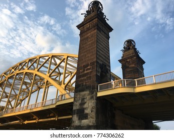 Yellow Bridge In Pittsburgh With Sky Background