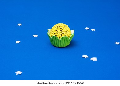 Yellow Brigadeiro, Birthday Party Candy, Blue Background, Brazil Flag, 