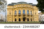 Yellow building of National Theatre is famous landmark of Szeged in Hungary outdoor.