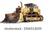 A yellow bulldozer is parked on a white background. The bulldozer is dirty and has a muddy appearance,white background, isolated