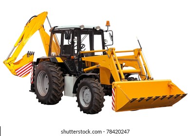 Yellow bulldozer-excavator on white background