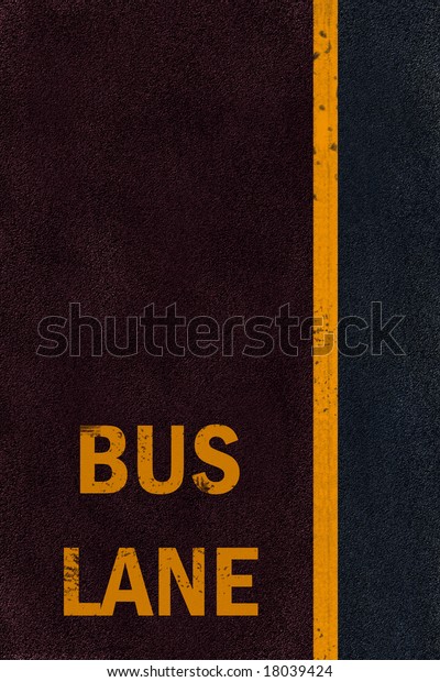 Yellow\
bus lane marking on black fresh asphalt\
pavement