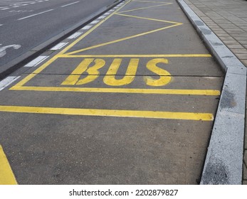 Yellow Bus Stop Lane Sign On Concrete