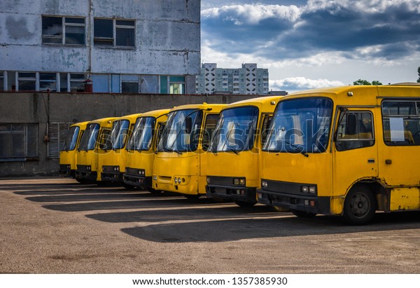 Yellow buses at the\
depot.