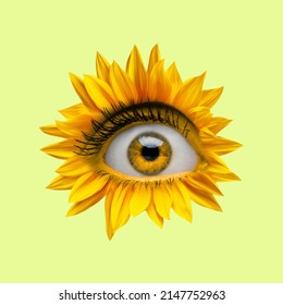 Yellow camomile flower with an eye inside it on bright background. Modern design. Contemporary art. Creative collage. Beauty, art, vision. Eyeball in flower. Surrealism, minimalism - Shutterstock ID 2147752963
