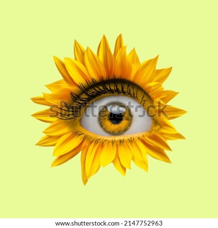 Yellow camomile flower with an eye inside it on bright background. Modern design. Contemporary art. Creative collage. Beauty, art, vision. Eyeball in flower. Surrealism, minimalism