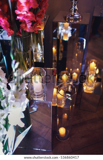 Yellow Candles Tall Glass Vases Stand Stock Photo Edit Now 536860417