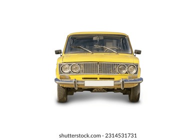 Yellow car isolated, Lada 2106 Soviet automobile, retro car on white background. Vintage colored machine