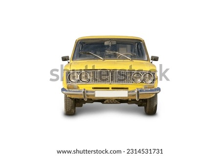 Yellow car isolated, Lada 2106 Soviet automobile, retro car on white background. Vintage colored machine
