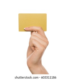 Yellow Card. Female Hand With French Manicure Holding Plastic Credit, Woman Keeping Blank Business Card On White Isolated Studio Background, Copy Space, Cutout