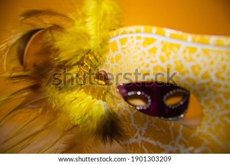 yellow carnival mask and through it you can see a purple carnival mask