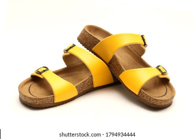Yellow Casual Style leather Sandal with white background and copy space for text and logo