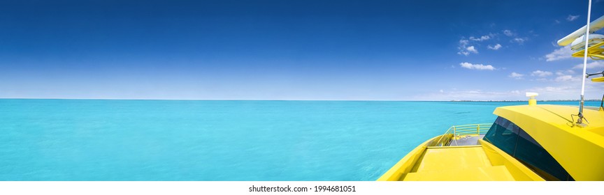 Yellow Catamaran In Caribbean Sea, Cancun, Mexico. Long Banner
