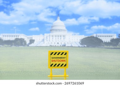 Yellow caution sign reading “Government Shutdown” placed in front of the U.S. Capitol Building. Concept of federal shutdown, budget impasse, economic risk and political standoff.