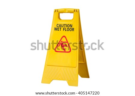 Yellow Caution slippery wet floor sign isolated on white background