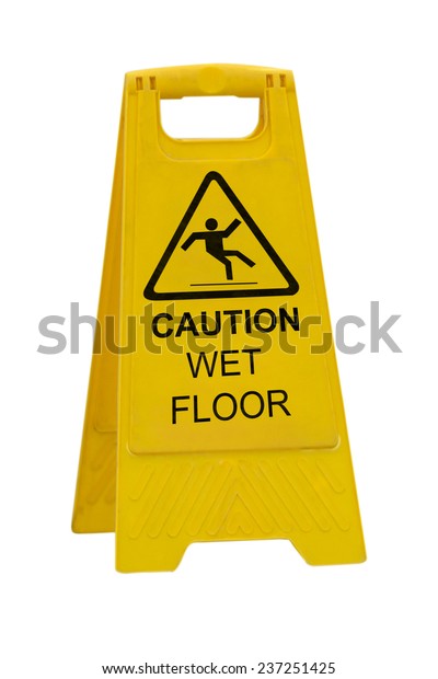 Yellow Caution slippery wet floor sign\
isolated on white\
background