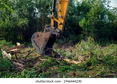 Yellow Chain Excavators Clearing Vegetation During The Construction Of South Stream Pipeline In Bulgaria Deforestation Process Is Very Dangerous For Our Planet Future