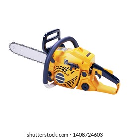 Yellow Chainsaw Isolated On White Background. Portable Mechanical Gas Powered Cutting Chain Saw With Full-Chisel Saw Chain. Outdoor Power Equipment. Garden Power Tools. Woodworking Tool Side View