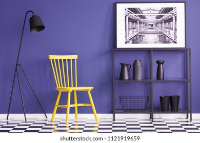 Yellow Chair, Black Lamp, Metal Shelf, Vases And Painting Set On A Violet Wall In Living Room Interior