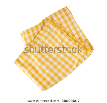 Yellow checkered folded square tablecloth, gingham cloth, food decor element isolated. Kitchen crumpled towel.