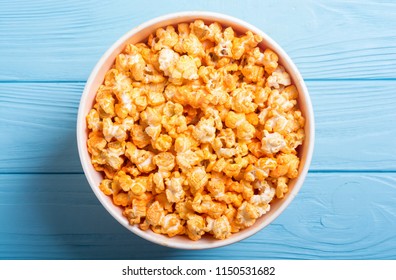 Yellow Cheese Popcorn In Bowl . Snack For Cinema