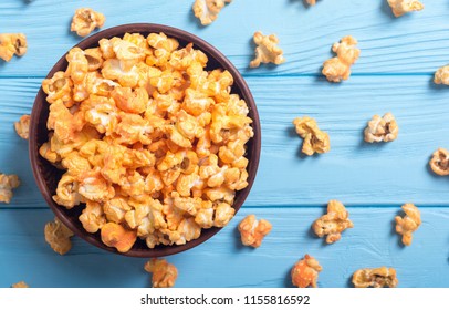 Yellow Cheese Popcorn In Bowl . Snack For Cinema