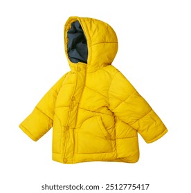 Yellow child's puffer, autumn jacket isolated on white. Fashion kid's clothes nobody object. Fall apparel.