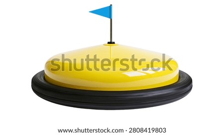 Yellow circular buzzer button with a small blue triangular flag on top