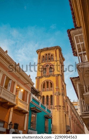 
Yellow clock tower towering over the city of Cartagena, Colombia