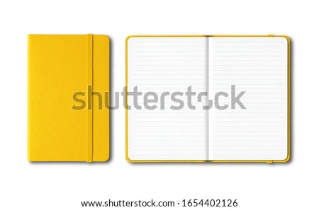 Yellow closed and open lined notebooks mockup isolated on white