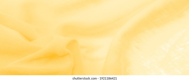 Yellow Cloth. Abstract Background Of Luxury Fabric Or Liquid Silk Texture Of Waves Or Wavy Folds. Background Or Elegant Wallpaper Design. Cotton Texture, Natural Fabric And Dye, Bright Yellow Color