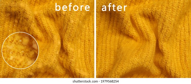 Yellow cloth before and after using of fabric shaver, collage. Banner design - Shutterstock ID 1979568254