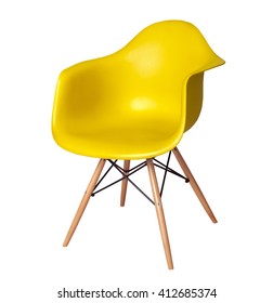 Yellow color chair, modern designer chair isolated on white background. Plastic chair cut out. Series of furniture
