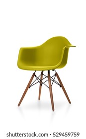 Yellow Color Chair, Modern Designer Chair Isolated On White Background. Plastic Chair